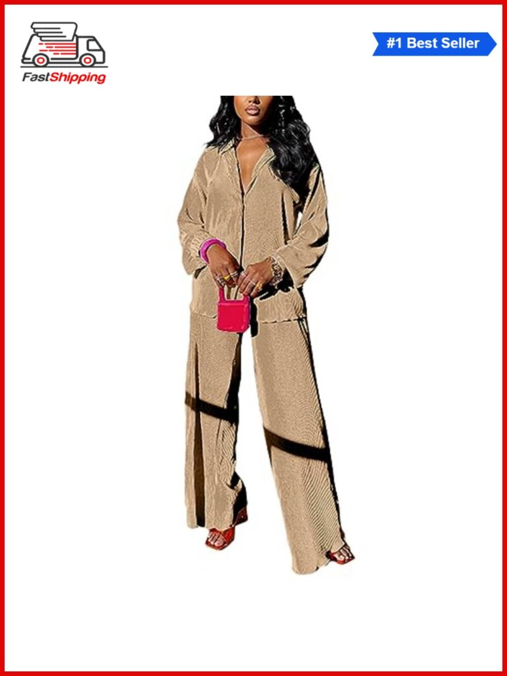 ✨ Women's Casual 2 Piece Plisse Shirt & Wide Leg Pants Set Loose Fit